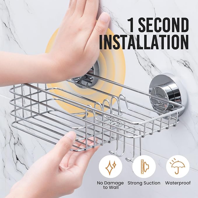 LEVERLOC Shower Caddy Suction Cup, 3 Pack Heavy Duty Shower Organizer | Silver Shower Caddies with Hooks, Soap Holder, Removable Bathroom Organizer, Rustproof Shower Storage, No Drill Shower Basket