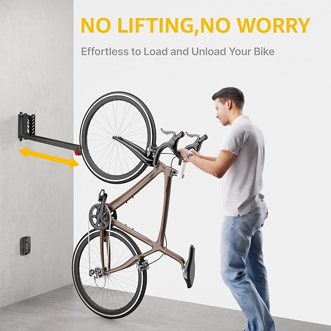 monTEK No-Lift Swivel Bike Wall Mount, Bike Hangers for Garage, 1 Pack | Space-saving bike storage rack pivots 120°; 4 settings fit 16-29 in wheels and tires up to 3.54 in wide; holds 77 lb each