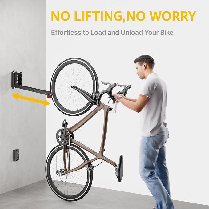 monTEK No-Lift Swivel Bike Wall Mount, Bike Hangers for Garage, 2 Pack | Space-saving bike storage rack pivots 120°; 4 settings fit 16-29 in wheels and tires up to 3.54 in wide; holds 77 lb each