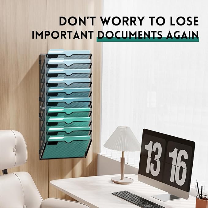 SUPEASY 10-Tier Wall File Organizer, Hanging Wall Files for Papers, Folders, Magazines, Wall Organizer for Clipboard, Assembly Needed, Black, 2 Pack | Metal Mesh Hanging File Organizer with Open Compartments and Label Panels for Papers and Folders at H...