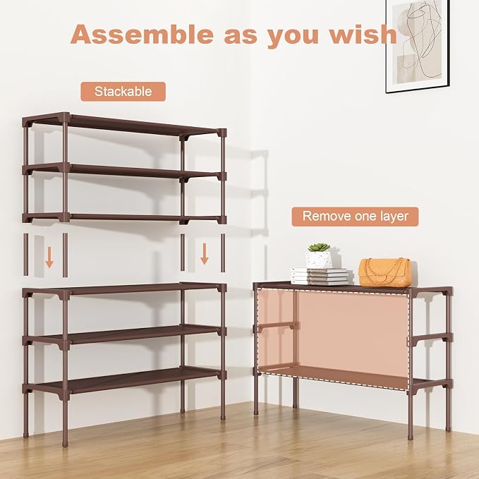 34" Widening Design Shoe Rack for Closet 16 Pairs Small Spaces Non-Woven 3 Tier Shoe Organizer Stackable Metal Shoe Shelf for Entryway, Bedroom Brown