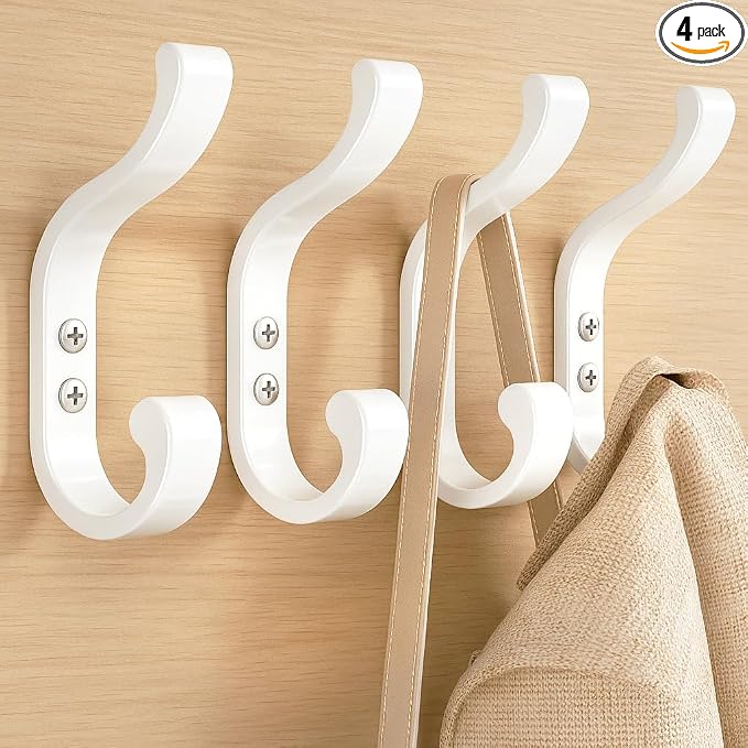 Large Wall Hooks for Hanging Coats - Wall-Mounted Heavy Duty, Holds 30 lbs, Door Hook for Backpacks, Clothes, Towels, Hats, Purses, Screw-in Hooks for Bathroom, Mudroom, Farmhouse (White, 4 Pack)