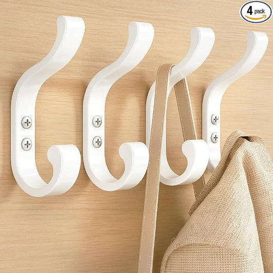 Large Wall Hooks for Hanging Coats - Wall-Mounted Heavy Duty, Holds 30 lbs, Door Hook for Backpacks, Clothes, Towels, Hats, Purses, Screw-in Hooks for Bathroom, Mudroom, Farmhouse (White, 4 Pack)