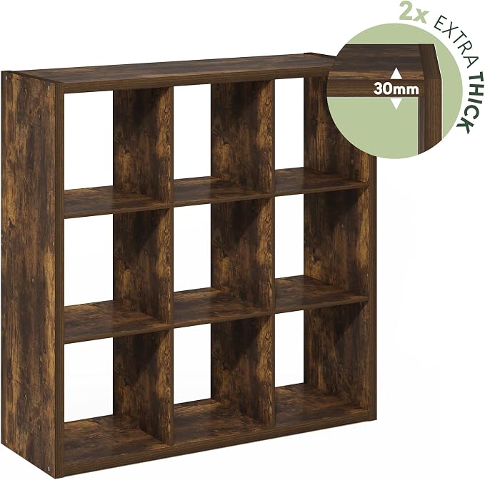 Furinno Cubicle 9-Cube Book Shelf, Extra Thick Frame Bookshelf, Amber Pine | 14.6" x 44" x 44", Reversible Bookcase with Open Back, for Living Room, Bedroom, Home Office