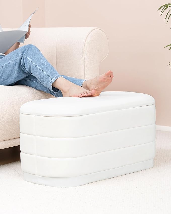 B FSOBEIIALEO Velvet Storage Ottoman with Tray, Folding Ottoman with Storage Coffee Table Shoes Bench for Dorm Room, Living Room White, 30"x15"x15"