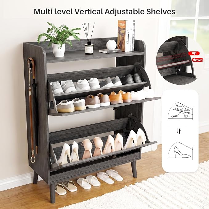 YZ HOME Shoe Storage Cabinet with 2 Flip Drawers | Entryway Shoe Cabinet, Metal Hooks & Adjustable Shelves, Freestanding Narrow Shoe Rack for Hallway Foyer, Grey
