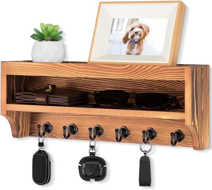Nekon Key Holder Wall Mount, 12.8" W x 5.6" H x 3.7" D Wall Mounted Key and Mail Organizer with 6 Key Hooks, Key Racks for Home Entryway Decor (Light Brown)