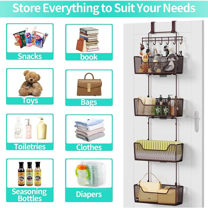 HapiRm Over The Door Organizer - Hanging Door Organizer with 4 Metal Large Capacity Baskets and Adjustable Coat Hook for Bathroom Bedroom Kitchen Pantry Closet Cabinet