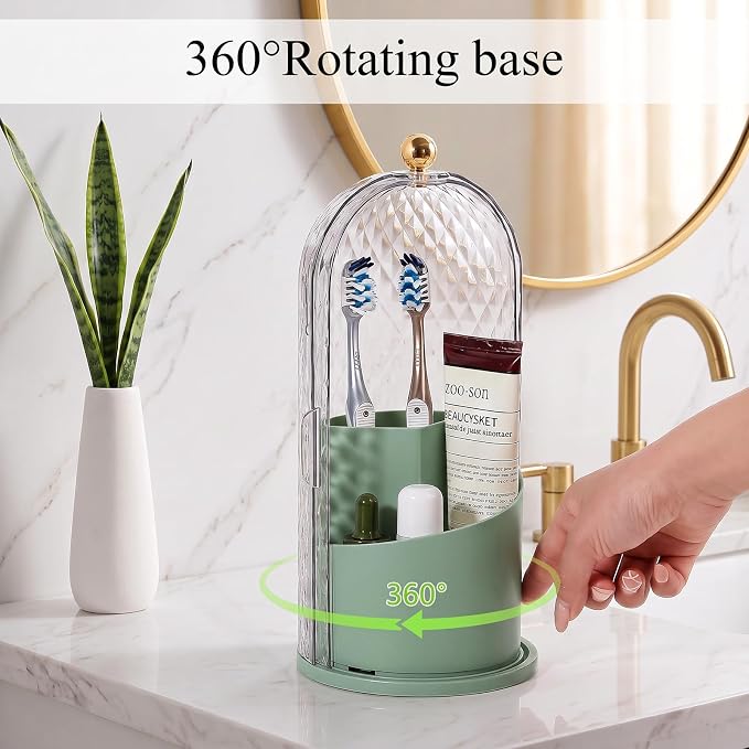 Toothbrush Holder with Cover for Bathroom Countertop, Organizer, Green | Rotating 3 Slot Holder for Electric Toothbrushes, Toothpaste, Self Draining Vanity Organizer, Makeup Brush Storage