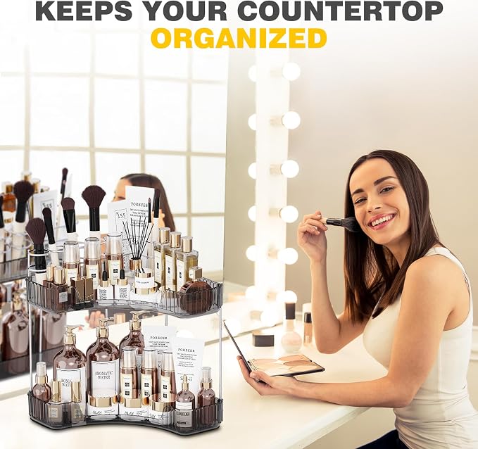 Asayuee 2-Tier Corner Bathroom Counter Organizer with Top Toothbrush Holders,Large Makeup Organizer Countertop with Brush Holder,Skincare Organizers Corner,Exquisite Vanity Organizer (Gray, 2 Tier)