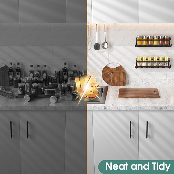 LUCYCAZ 2 Pack Wall Mounted Spice Rack for Spice Jars & Seasonings (Black) | 8 Metal Hooks, Space-Saving,Screw or Adhesive Spice Shelf Hanging,for Kitchen Cabinet,Pantry Door,RV,Camper Spice Orgnaizer