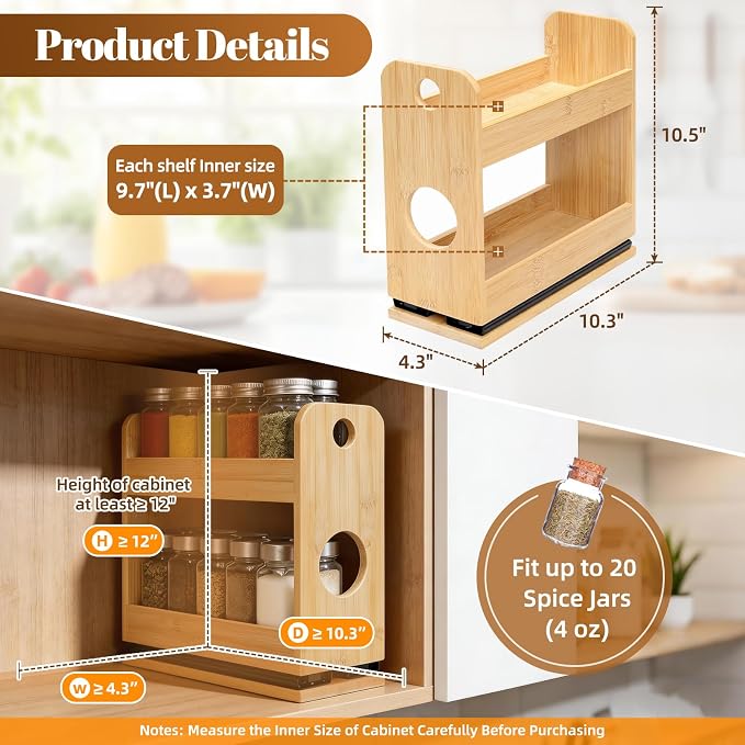 Tfro & Cile 2-Tier Pull Out Spice Rack Organizer for Cabinet Kitchen Pantry | Save Vertical Space, Bamboo Material with Aesthetic Design, Easy to Slide Out and Quick to Assemble