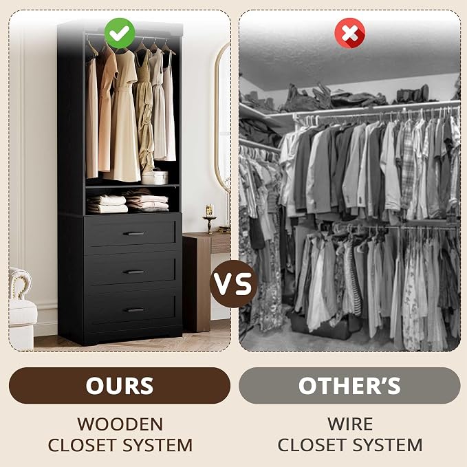 IRONCK Freestanding Closet System with Adjustable Shelves & 3 Drawers | Closet Organizer with Hanging Rod, Ideal for Bedrooms, Apartments and Small Closet Storage