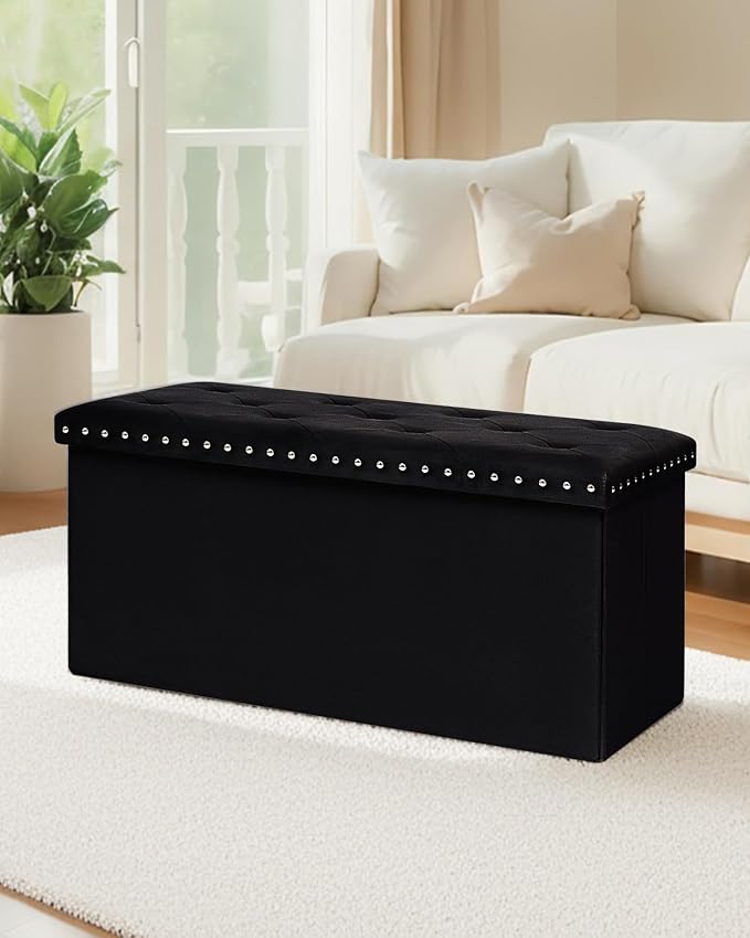B FSOBEIIALEO Storage Ottoman Cube Folding Tufted Ottomanse, Storage Boxes Footrest for Bedroom, Luxury Velvet Fabric 30 * 15 * 15 Inches Black