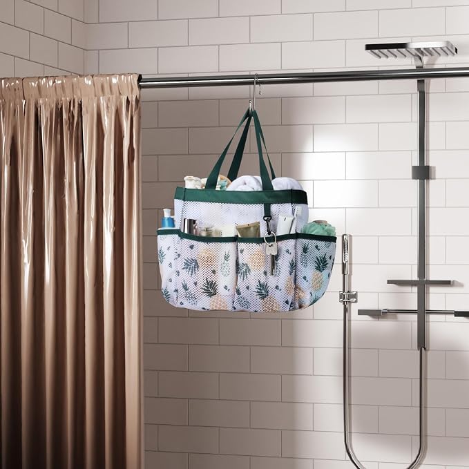 F-color Shower Caddy Portable - Mesh Shower Bag Basket Tote for College Dorm Room Essentials Bathroom Gym Camp Quick Dry for Women Men with S Hook, Green Pineapple | 2-Handle, Quick-Dry, Toiletry Organizer, College Dorm Room Essentials for Girls, Gym, ...