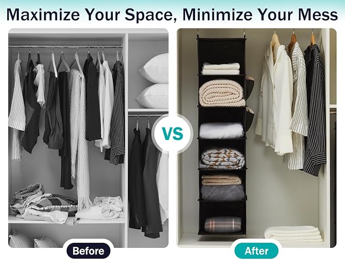 YOUDENOVA Hanging Closet Organizer, 6-Shelf Closet Hanging Storage Shelves, 2 Packs, Black