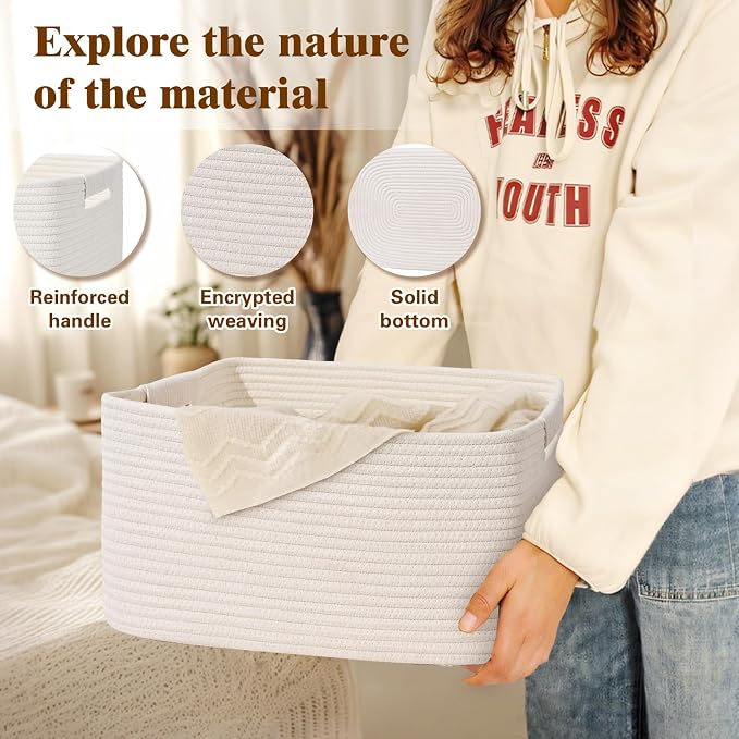 2 Pack Large Storage Basket for Organizing, 17.5"x13"x7" Woven Basket for Shelves, Closet Cube Storage Bins with Wrapped Handle, Cotton Rope Baskets for Kitchen, Clothes, Toys(Off White)