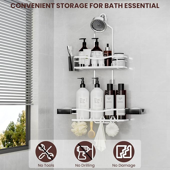 Rustproof Shower Caddy Hanging with Soap Holders for Bathroom, White | Shower Organizer with Multi Hooks Toothbrush Holder, No Drilling, Anti-Swing, Storage for Shampoo Conditioner Body Wash