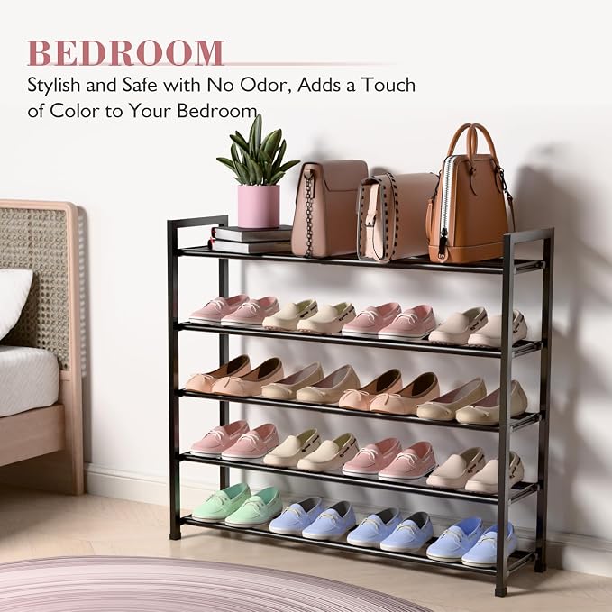 Bumusty 5 Tier Expandable Shoe Rack for Closet, Black | 18"-33" Adjustable Shoe Rack for Entryway, Small Shoe Organizer for Dorm, Front Door, Sturdy Metal