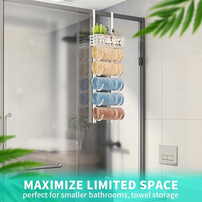 HapiRm Towel Racks for Bathroom Storage - 6 Tier Over The Door & Wall Mount Rolled Towel Storage Organizer Holder with Metal Shelf Basket for Small Bathroom, Camper, Rv - White, Patented