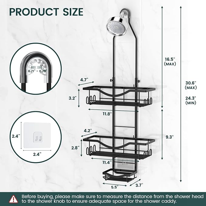 Shower Caddy Hanging Adjustable Shower Caddy, Rustproof Shower Organizer Extended Length Shower Caddies Over Shower Head with Hooks Soap Holder, Large Capacity Anti-Swing Bathroom Storage, Black | Extra Long, No Drilling, Anti-Slip, Shower Caddy Over S...