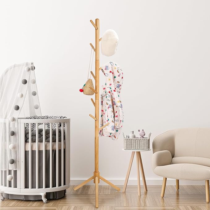Cozivolife Kid's Coat Rack Stand: Height Adjustable with 9 Hooks (Natural) | Beech Wood Coats Tree for Cloth Hats and Handbags - Freestanding Child Clothes Racks for Hallway Entryway Bedroom