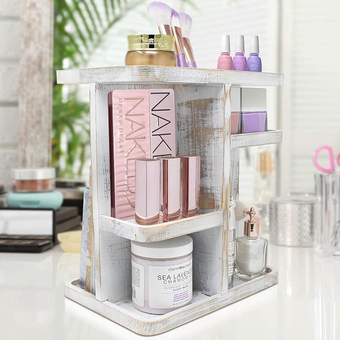 Sorbus 360° Makeup Organizer - Grey Rustic Wood Make Up Storage Carousel for Cosmetics, Skin Care Rotating Makeup Organizer for Vanity, Bathroom Storage
