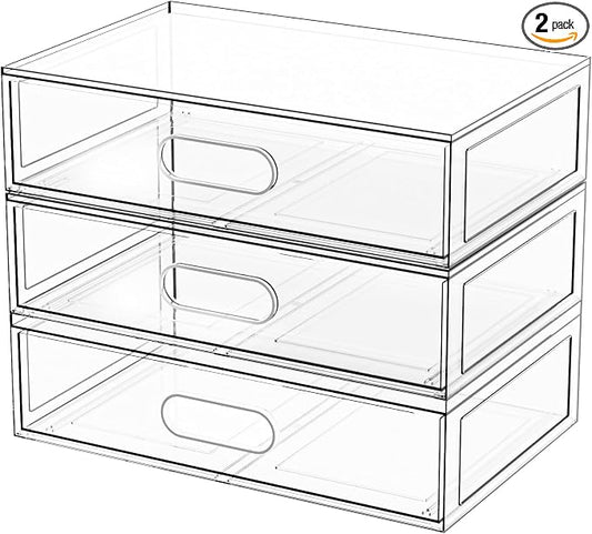 Clear Stackable Makeup Organizer with Drawer, 12''W Acrylic Storage Drawers, Cosmetic Display Case for Vanity Bathroom Countertop, Beauty Holder for Lipstick Brush Skincare Perfume (3 Tier)