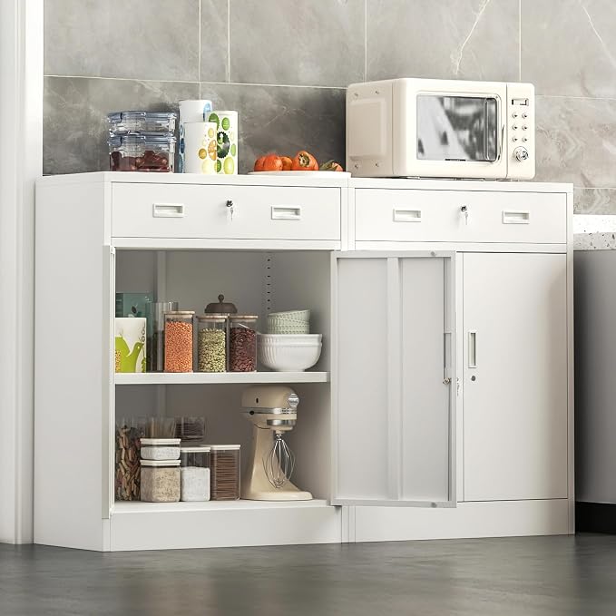 Wanfu Metal Storage Cabinet, Locking Cabinet with 1 Drawer and Adjustable Shelf, 36" H x 28" W x 16" D Steel Storage Cabinet for Office, Garage, Home-White