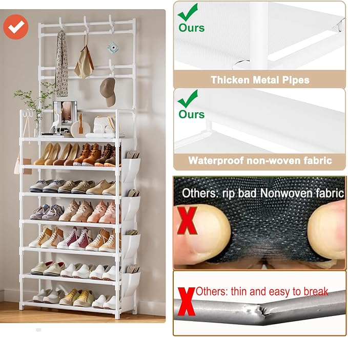 Shoe Rack 7 Tier Shoe Organizer Storage 21-28 Pairs | Closet Shoes Rack for Front Door Entrance Shoe Rack Organizer with Hooks Side Pocket Entryway Large Capacity Shoe Shelf Tower