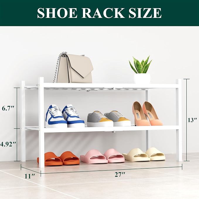 Smiry Bamboo Shoe Rack, 14 Vertical Slats, 2 Tier - 26.8" Wide, White | Stackable Free Standing Wooden Shoe Organizer, Wood Shoe Storage Shelf for Closet, Entryway, Thicher Leg
