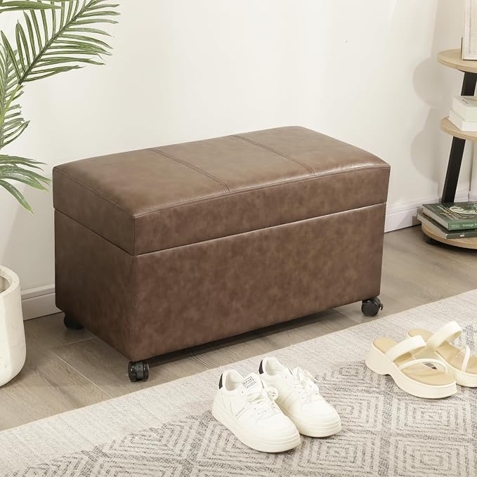 32" Leather Storage Ottoman Bench with Wheel, Rectangle Foot Rest Stool for Living Room, Bedroom, Entryway,Earthy Light Brown Veining