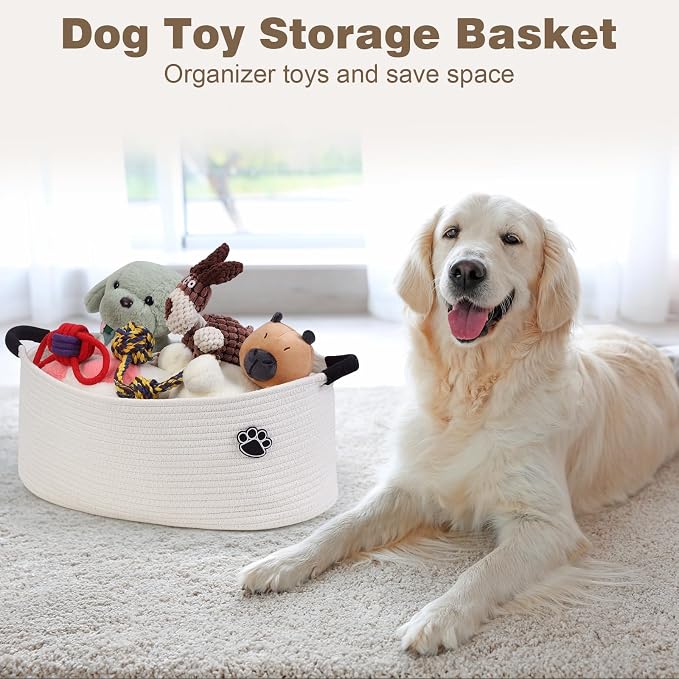 Optish Dog Toy Basket, 30L Toy Box and Bin for Dog Cat Storage, 19.7" X 11" X 7.9" Large Woven Rope Basket for Blankets, Living Room, Bedroom, White