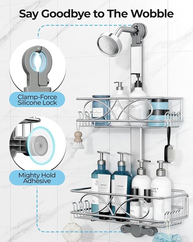ODesign 2 Tier Aluminum Shower Caddy Rustproof Hanging Adjustable Silver | Shower organizer hanging,no drilling required,comes with removable hook and storage box, suitable for indoor showers