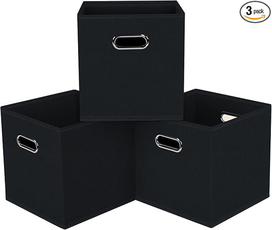Black Foldable Storage Cubes Bins, Fabric Storage Box Cubes Organizer Baskets with Dual Handles for Home Organizer,Set of 3,(Black)