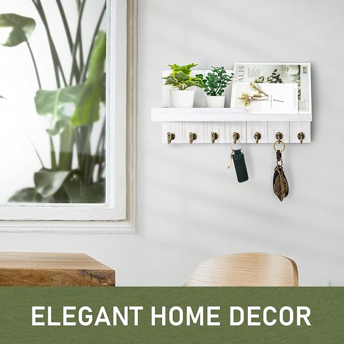 Rebee Vision Key Holder Wall Mount with 7 Hooks for Home Decor, White | Farmhouse Key Holder for Wall, Floating Shelf for Placeable Plants, Mail Organizer, Rustic Apartment Essential