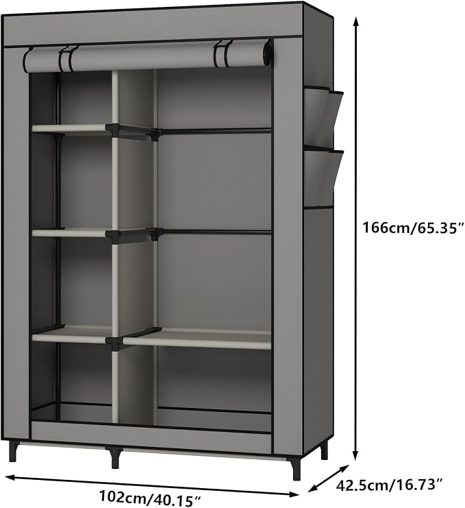Calmootey Portable Closet Organizer, Space-Saving Storage System for Home | Sturdy Rod for Coats, 6 Shelves for Folded Clothes, 4 Side Pockets for Small Items, Non-Woven Dustproof Cover, Grey