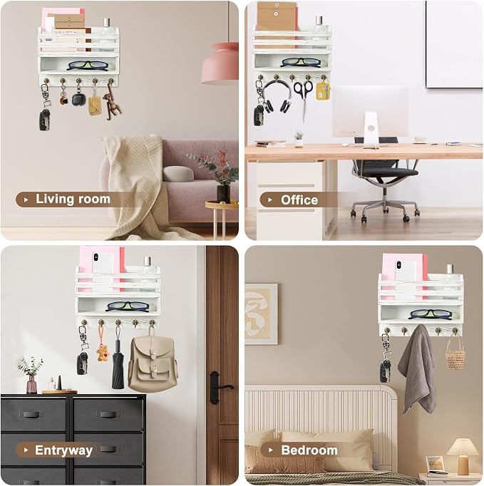 Key Holder Wall Mount with Mail Organizer, 5 Key Hooks, White | Wood Mail Organizer Wall Mounted with 5 Key Hooks & Storage Box and Mail Organizer for Entryway, Apartment, Home and Office