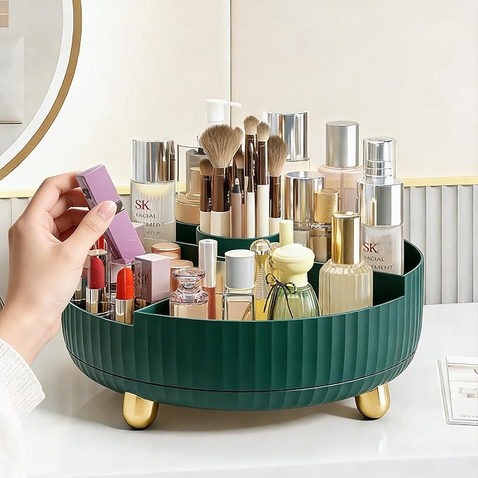 360 Rotating Makeup Perfume Organizer Skincare with Divider, Large Teal Green