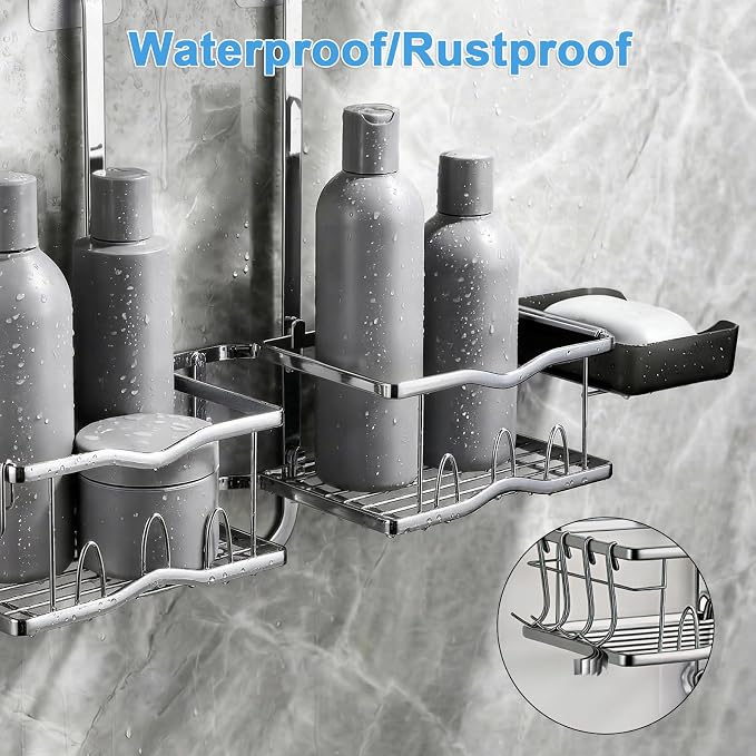 Shower Caddy Hanging Organizer Over Showerhead with Hooks, Silver | Rustproof Hanging Shower Organizer for Handheld Showerheads, Shower Shelves Rack with Razor Soap Holder, Toothbrush Holder