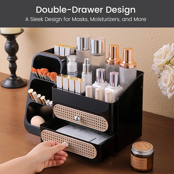Aveniee Makeup Organizer with Drawers, Large Bathroom Countertop Organizer for Vanity, Desk Cosmetics Storage for Perfume Brushes Skincare Eyeshadow Lotions Lipstick-Black