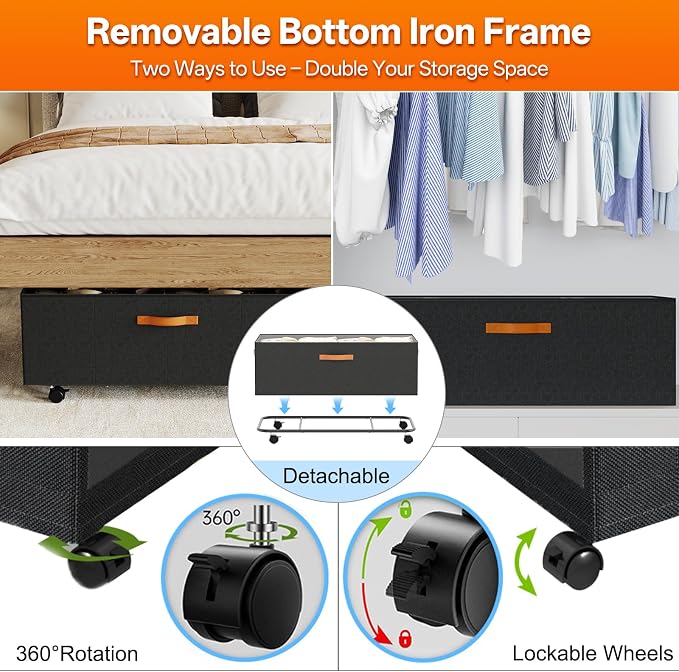 Under Bed Storage with Wheels, 12" Height Under Bed Storage Extra Deep Under Bed Storage Containers, Perfect for 14'' Bed Frame, No Assemble Metal Rolling Underbed Storage for Clothes Shoes Blankets