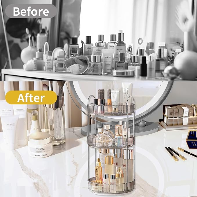 Asayuee 360 Rotating Makeup Organizer,3 Tier Large Capacity Make Up Organizers and Storage,Makeup Organizer for Bathroom,Cosmetic Perfume Stand Organizer(Grey-3 Tier)