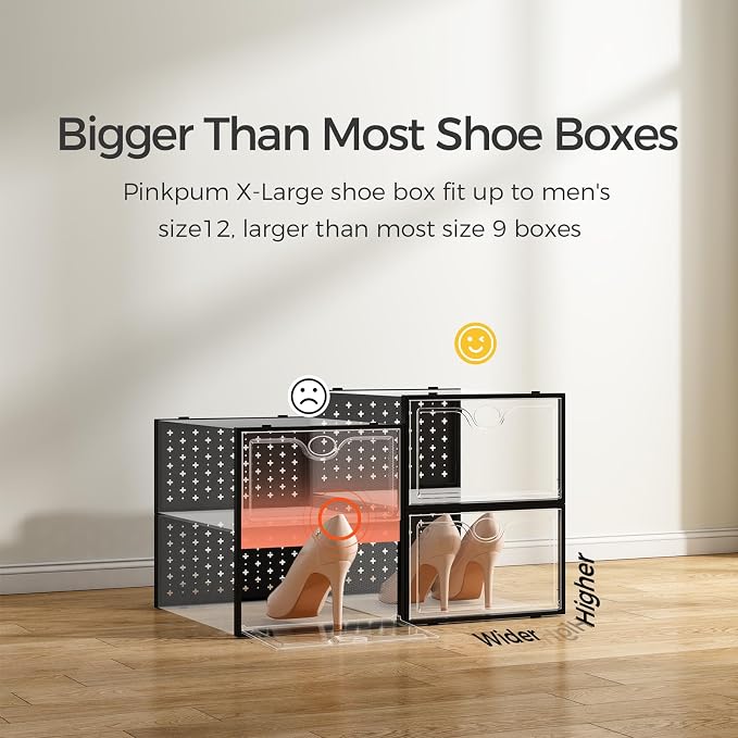 15 Pack X-Large Shoe Storage Boxes, Shoe Organizer Clear Stackable | Fit US Size 11, 6.2” Height, Shoe Dispaly Case Holder Bins Sneaker Storage for Sneakerheads, For Home and Family, Black
