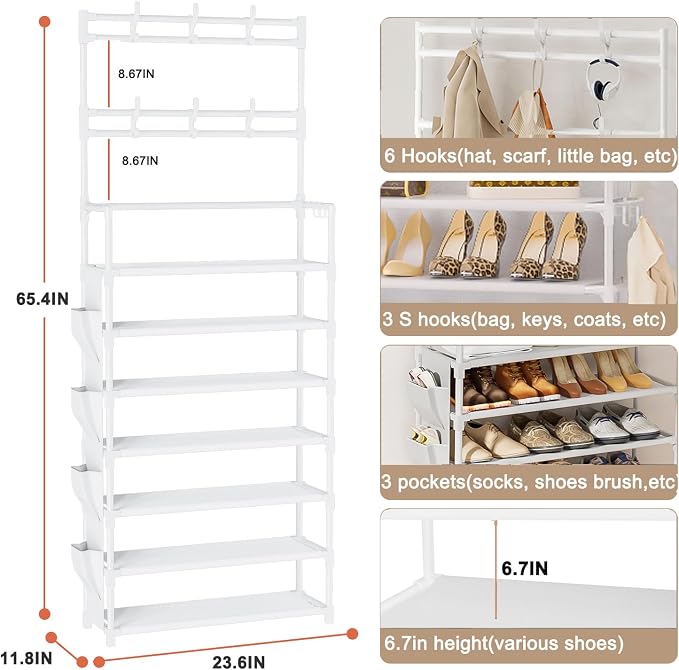 Shoe Rack 7 Tier Shoe Organizer Storage 21-28 Pairs | Closet Shoes Rack for Front Door Entrance Shoe Rack Organizer with Hooks Side Pocket Entryway Large Capacity Shoe Shelf Tower