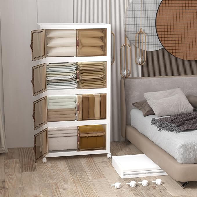 Stackable Storage Bins with Lids, 672QT Closet Organizers and Storage Cabinet with Doors & Wheels, Lockable Plastic Foldable Drawers for Bedroom Dorm Office Garage（168QT*4,White）