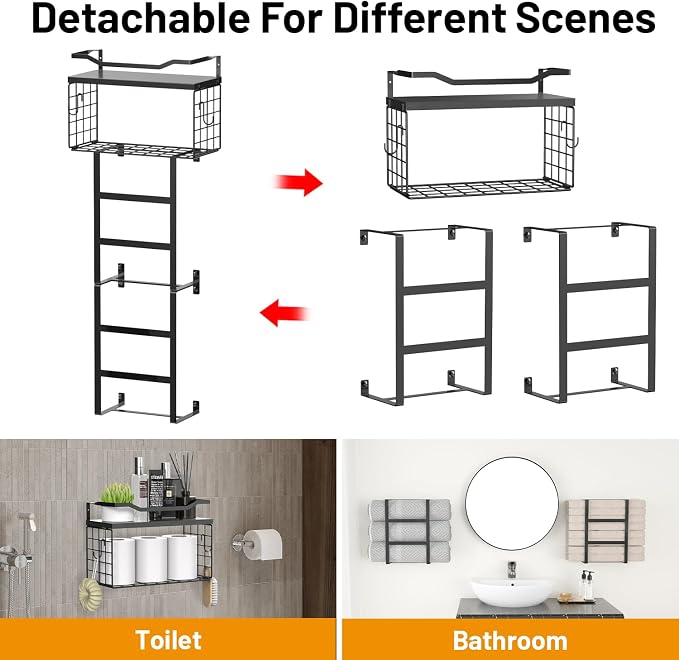 Towel Racks for Bathroom Black, 34IN Rolled Towel Holder, Towel Rack Wall Mounted with 2 Pack Shelf and a Wire Basket, Bathroom Towel Storage and Organizer, Sturdy Metal & Wood