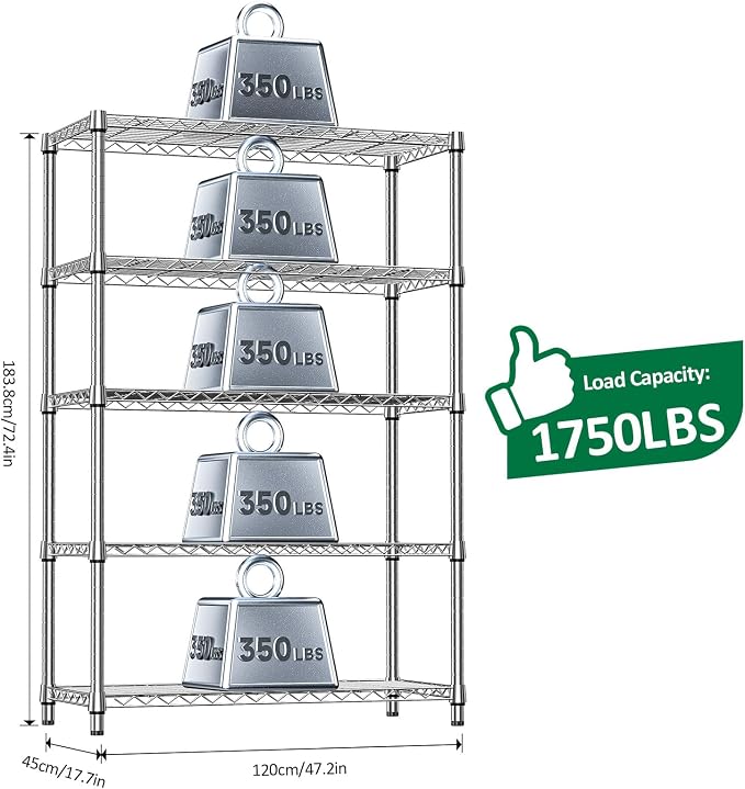 IZEUK 5-Tier Metal Storage Shelving Unit, Heavy Duty Chrome Wire Rack, Adjustable Shelves, 1750 lbs, 17.7" D x 47.2" W x 72.3" H, Garage Storage, Kitchen Pantry Organizer, Basement & Laundry Shelf