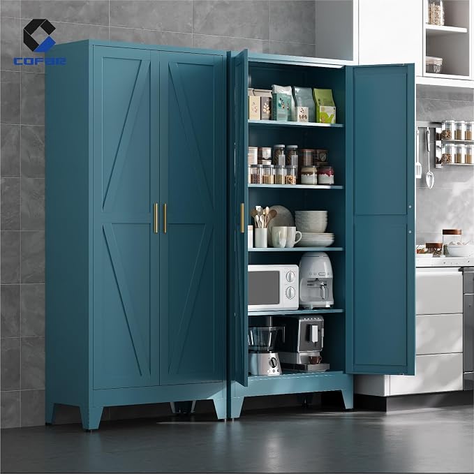 COFaR Metal Pantry Cabinet with Doors, Farmhouse 71'' Tall Storage Cabinet with 4 Adjustable Shelves, Kitchen Pantry Cabinet for Dinning Room, Laundry, Peacock Blue 5-Tier