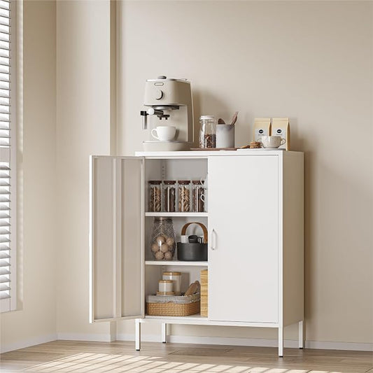 COFaR White Metal Storage Cabinet, 40” Kitchen Buffet & Coffee Bar Cabinet with Adjustable Shelves, 3-Tier Steel Organizer with Magnetic Doors, Sideboard for Dining Room, Home Office
